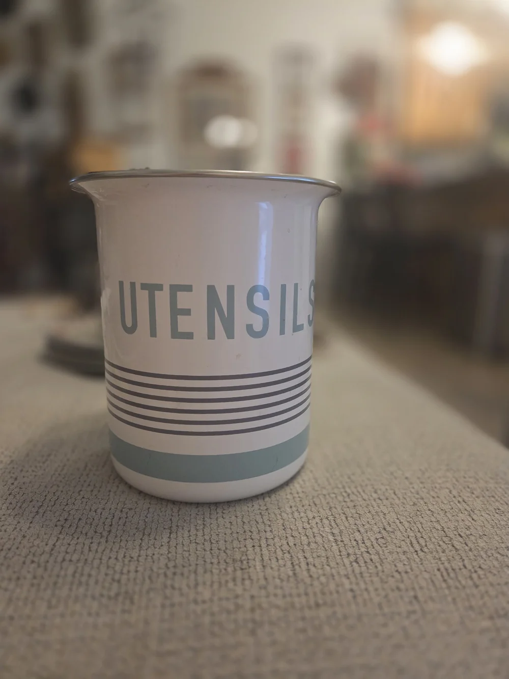 Metal Utensil Crock in White with Aqua Accents
